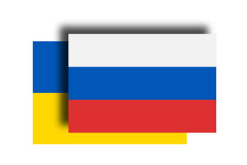 Ukraine being shadowed by Russia. Russian and Ukrainian national flags as metaphor of annexation, take over, seize and occupation. Illustration on white background..