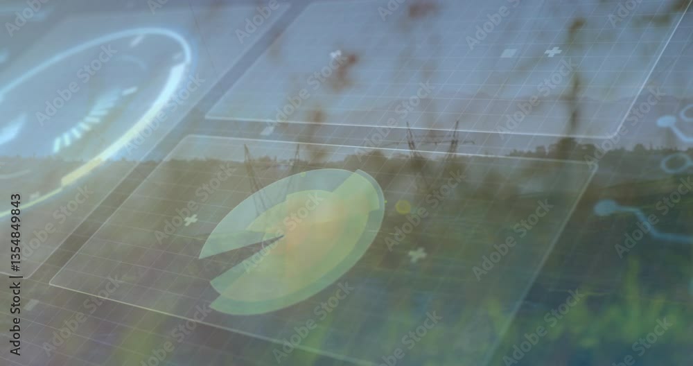 Aufkleber animation of digital interface with graphs over natural landscape background