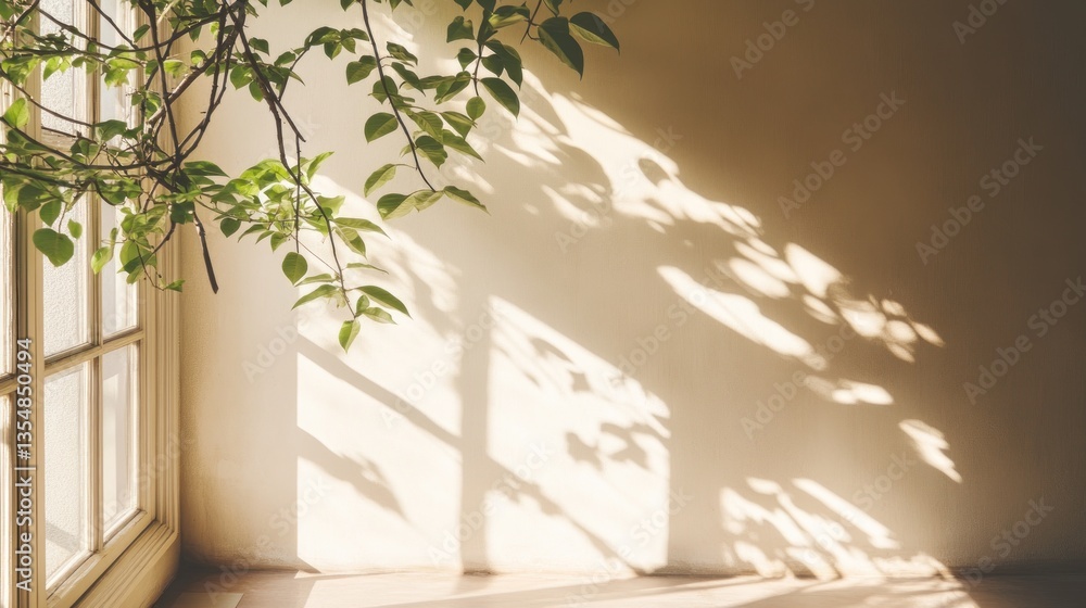 Poster window with leafy branch casting shadows on a white wall surface