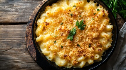 Soft mac and cheese accompanied by a golden bread crumb