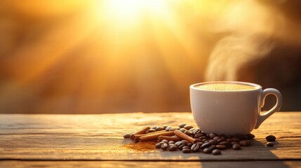 Warm Cup of Coffee Surrounded by Coffee Beans and Cinnamon Sticks Against a Beautiful Sunrise Background with Soft Golden Light