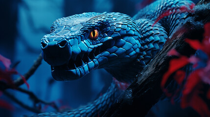 Blue viper snake on branch viper snake blue