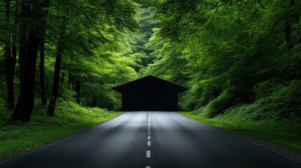 Forest road leading to a secluded cabin. Lush green trees line a dark paved road