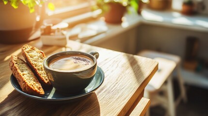 Warm Cup of Coffee with Biscotti on Wooden Table Surrounded by Sunlight in Cozy Kitchen Atmosphere, Inviting Morning Vibes and Simple Pleasures