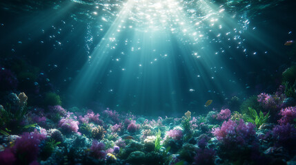 Fototapeta premium Underwater Sunbeams and Ocean Floor with Colorful Coral 