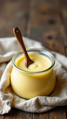 A jar of yellowish-orange beef tallow with a spoon, resting on a cloth atop an aged wooden surface.