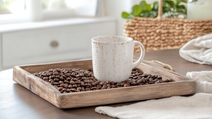 White speckled coffee cup resting on a wooden tray filled with whole coffee beans, surrounded by a cozy kitchen setting with natural light and greenery.