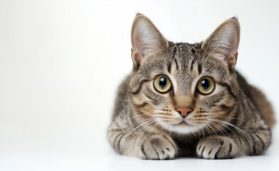 Obraz premium A close-up portrait of a cute tabby cat, laying down with a curious and calm expression, against a white background. 