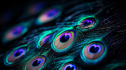 Obraz premium Close-up of vibrant peacock feathers with iridescent blue and green eyespots