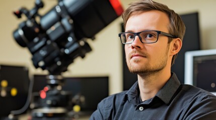 Young Man in Glasses and Black Shirt Working with High-End Camera Equipment in a Modern Studio Setting for Photography and Videography Purposes