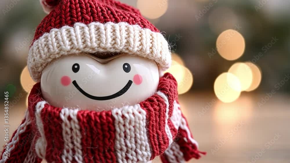 Poster cheerful tooth character in a festive red and white hat and scarf surrounded by soft bokeh backgroun