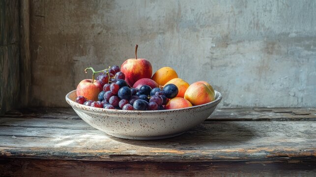 A vibrant still life of a ceramic bowl filled with a variety of fresh fruits arranged on a rustic wooden table, illuminated by natural window light.