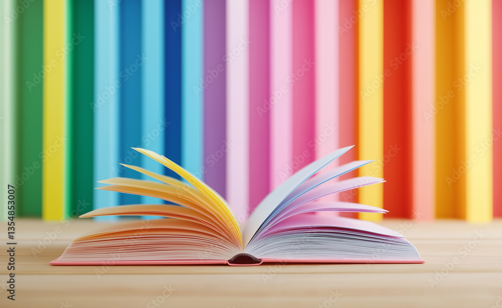Poster an open book with pages fanned out in front of a colorful bookshelf, symbolizing knowledge and learn