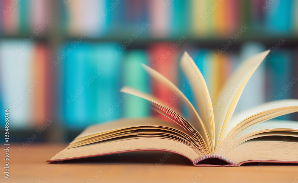 Poster an open book with pages fanned out in front of a colorful bookshelf, symbolizing knowledge and learn