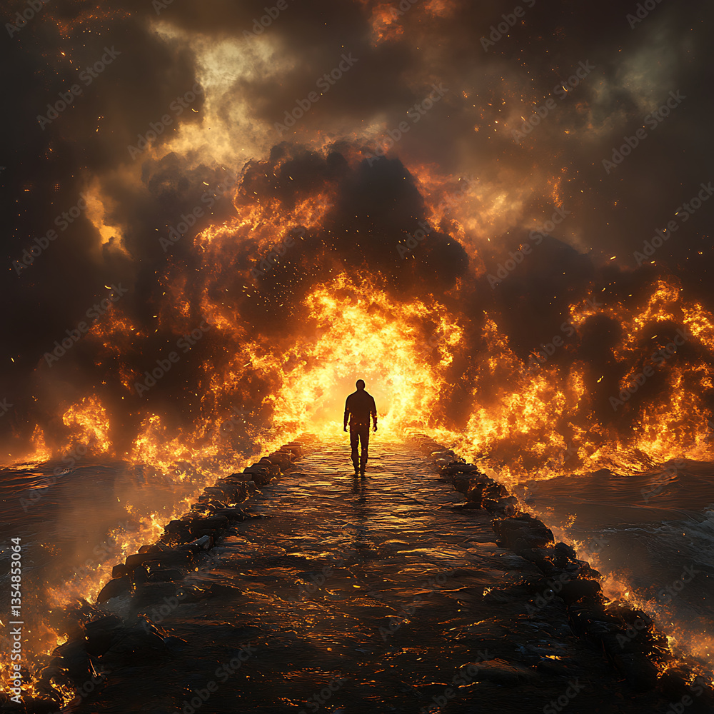 Poster man standing at one end of bridge engulfed in flames, surrounded by dramatic clouds and fiery explos