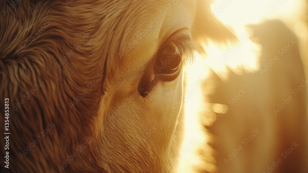 Poster close-up of a cows face illuminated by warm sunlight in a tranquil rural setting with a blurred farm