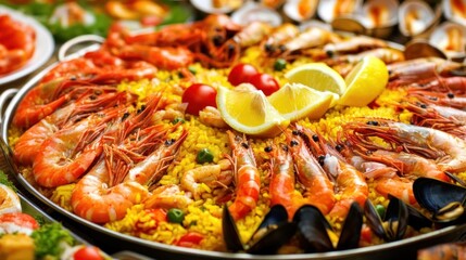 A large vibrant pan of seafood rice with various garnishes