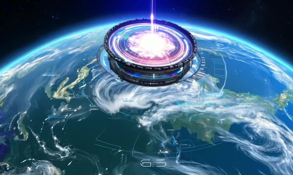 A colossal AI core, hovering miles above a futuristic planet, manipulates storms and weather patterns in real-time. Its pulsating energy core emits electromagnetic waves