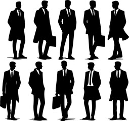 Businessmen Silhouettes. set of twelve silhouette figures of businessmen, showcasing various poses and stances.