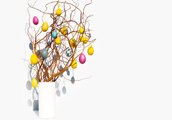 Paastakken branch yellow pink egg white background sun Easter Europe twig