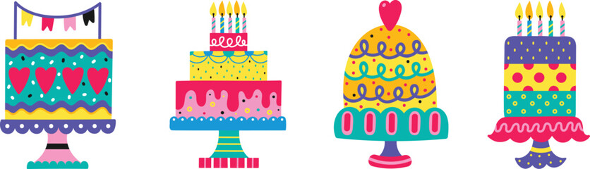 Set of delicious birthday cake. Vector illustration with transparent background. Happy Birthday set. Hand drawn elements. 