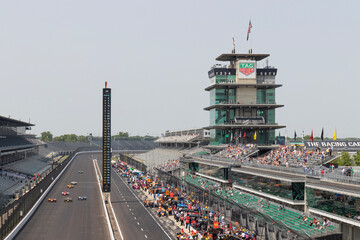 Fototapeta premium Indy 500 practice sessions at Indianapolis Motor Speedway, including the IMS Pagoda. IMS is The Racing Capital of the World.