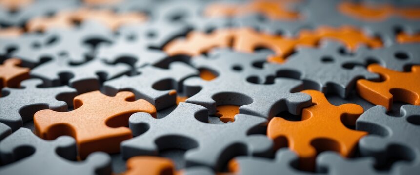Jigsaw puzzle pieces, orange and gray colors, macro photography, shallow depth of field, contrasting textures, scattered arrangement, close-up detail, interlocking shapes, puzzle solving concept, sele