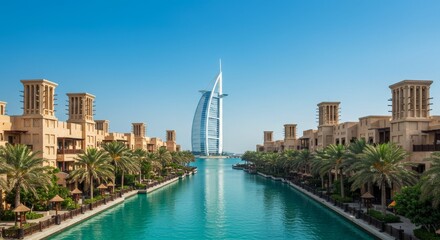 A beautiful waterway lined by buildings toward the Burj Al Arab
