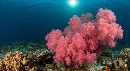 Underwater Coral Reef Garden with Sunlight and Soft Pink Soft Corals