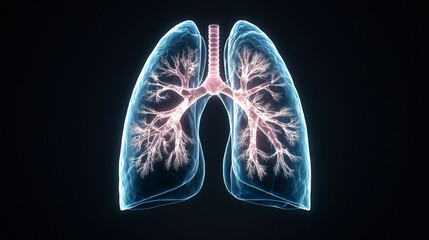 Obraz premium Respiratory System â Detailed view of human lungs with glowing circulatory vessels, illustrating lung diseases like pneumonia and bronchitis.