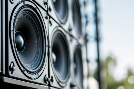 High definition line array speakers are neatly aligned, showcasing their sleek design and powerful sound capabilities. These speakers are perfect for concerts and events, delivering high fidelity