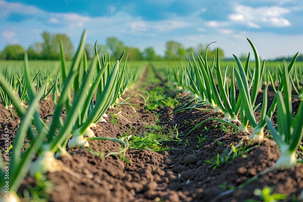 Poster an onion field with rows of green stalks and bulbs partially visible in the soil.