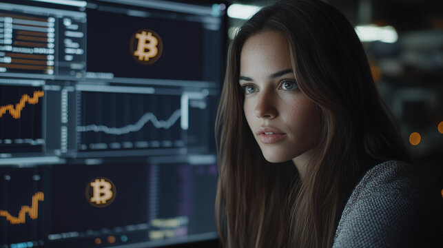 Crypto Monitoring â A businesswoman watches cryptocurrency trends on a high-tech platform, lucky symbols subtly visible in the background.