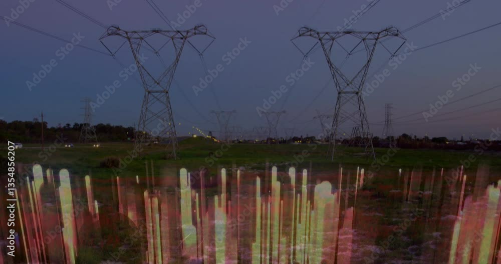 Poster power lines stretching across landscape with colorful data animation overlay