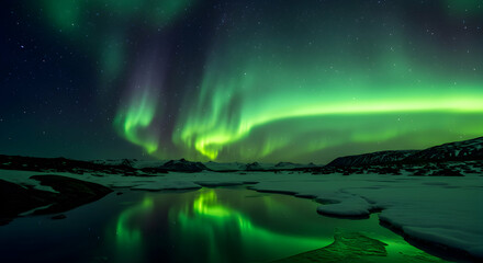 Naklejka premium Spectacular Northern Lights Display Reflecting in Still Waters Under Starry Sky