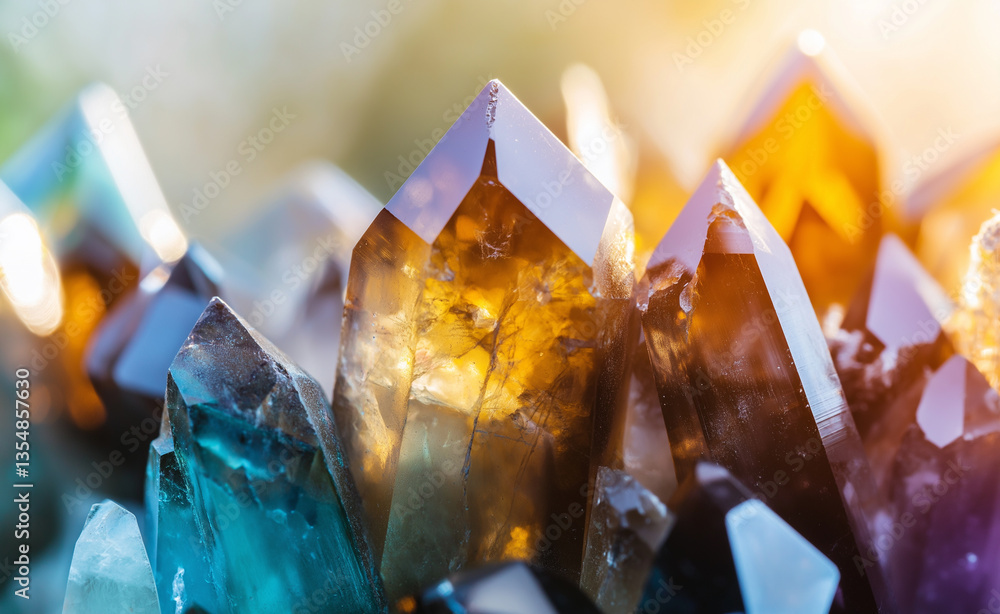 Poster close-up of colorful shining crystals with soft lighting creating a mesmerizing effect.