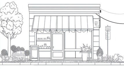 Obraz premium Simple storefront with awning and landscaping