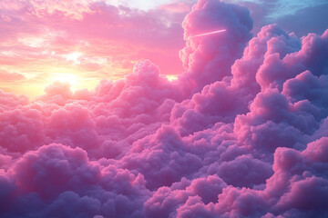 A breathtaking sunset paints the sky with soft pink and purple hues, creating a dreamy, ethereal cloudscape, a celestial canvas where fluffy clouds drift lazily.