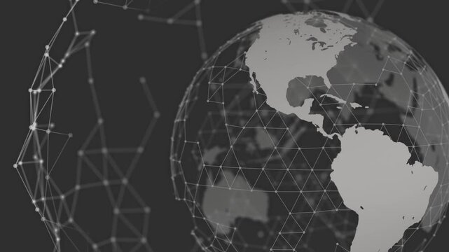 dark earth globe technology network plexus 3d animation full rotation loop. Can be used to represent the internet commerce, economic blocks globalization finance or cloud computing telecommunications