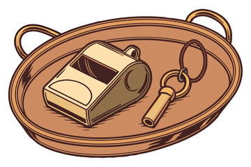 18 Copper tray, antique whistle, vintage referee whistle, golden metal, wooden handle, shiny metallic surface, oval shape, reflective copper, sports official equipment, nostalgic objects, warm tones, 