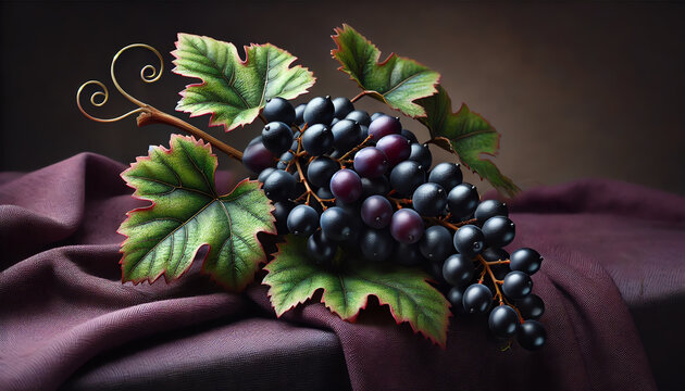 A realistic still life of an Alicante Bouschet grapevine featuring a cluster of dark purple and black grapes