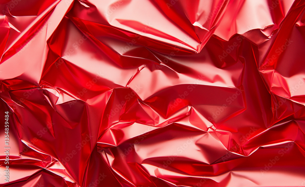 Aufkleber close-up of crumpled metallic red foil with smooth, shiny folds and creases, creating a textured and