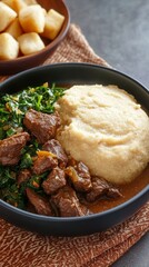 Enjoying Zimbabwean sadza with beef stew and sauted greens in earthy tones and warm African patterns at a cozy table setting