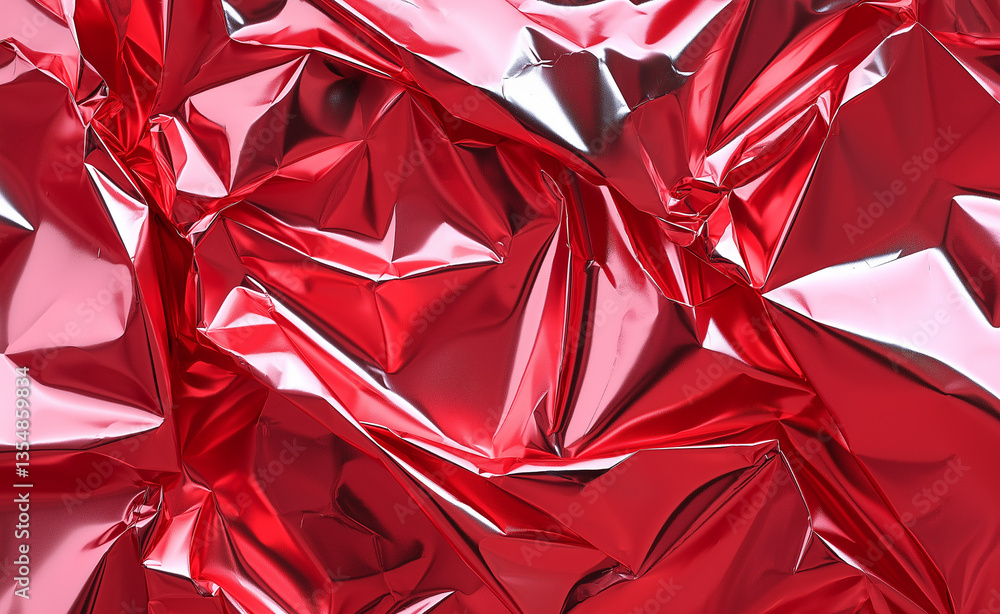 Poster close-up of crumpled metallic red foil with smooth, shiny folds and creases, creating a textured and