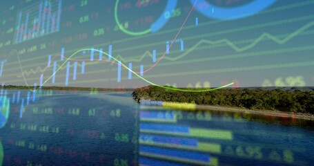 Animation of financial data graphs overlaying serene forest and lake landscape - Powered by Adobe