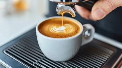 Pouring perfect espresso shot coffee shop beverage preparation vibrant environment close-up view art of barista craftsmanship