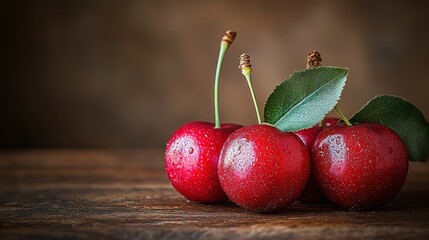 Juicy red cherries on rustic wood, dark background, food photography