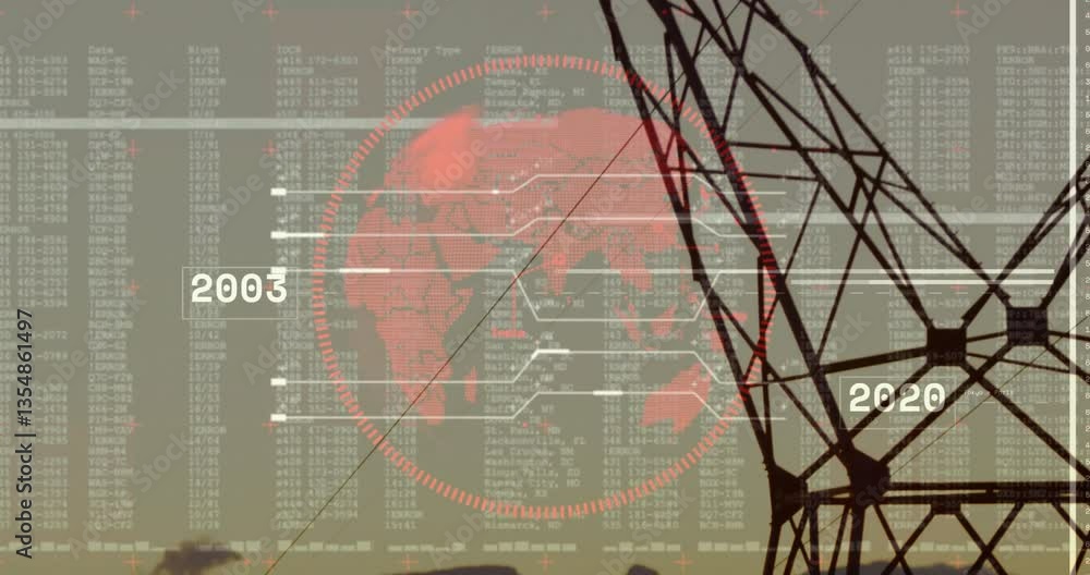 Poster data processing animation with world map and power lines overlaid on screen