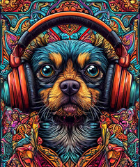 Psychedelic colorful pet with headphones listen to the music. Boho mystery animal.