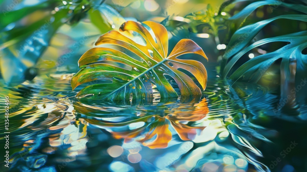 Poster an artistic capture of a colorful monstera leaf reflected in a puddle, creating an abstract interpla